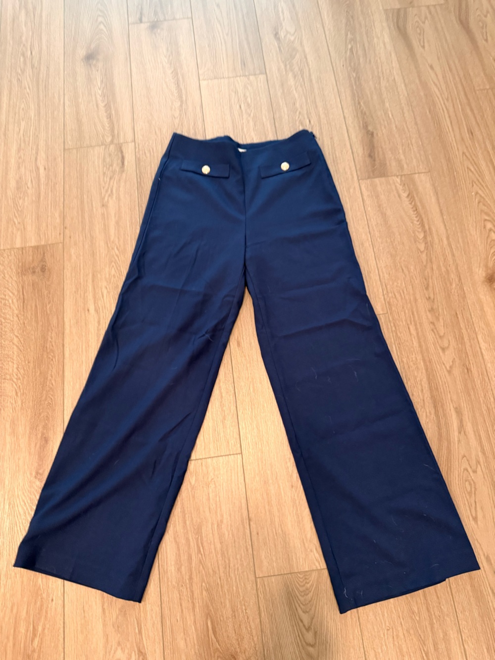 LOFT Navy Wide Straight Leg Jeans with Gold Button Accents